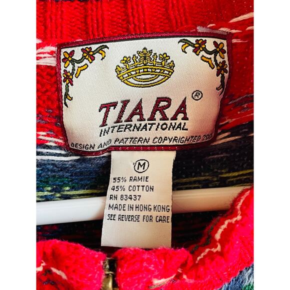 Vtg Tiara International Fair Isle Zip-Up Holiday Cardigan Red Nordic Size M - Picture 3 of 6
